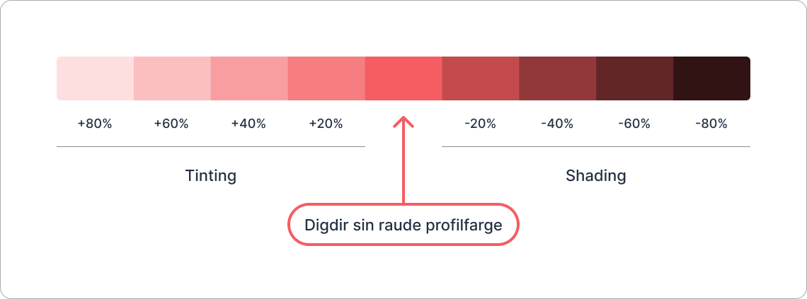 Illustrasjon som viser ein raud fargeskala i RGB-fargerommet representert som 9 rektangulære boksar. I midten ligg den raude profilfargen til Digdir.
Dei 4 boksane til venstre og høgre får mørkare og lysare valører.
