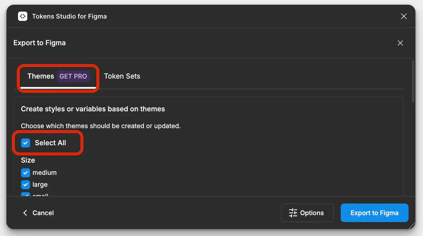 Skjermbilde av Tokens Studio som viser at du må velge Themes og deretter Select All