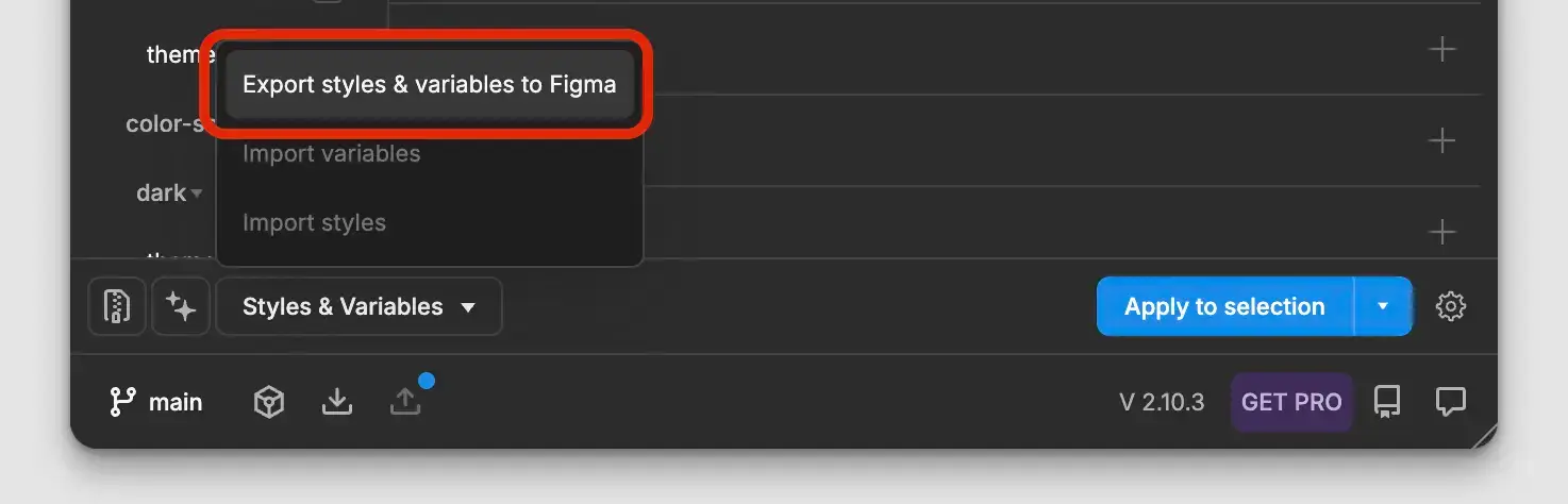 Skjermbilde av Tokens Studio og hvor du finner export knappen