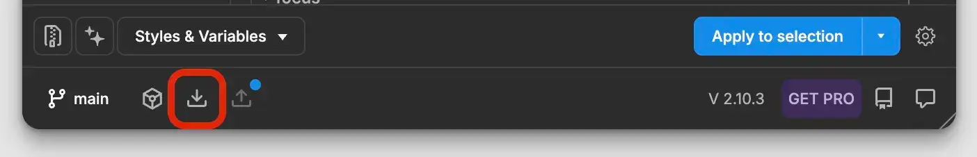 Skjermbilde av Tokens Studio og hvor du finner pull knappen