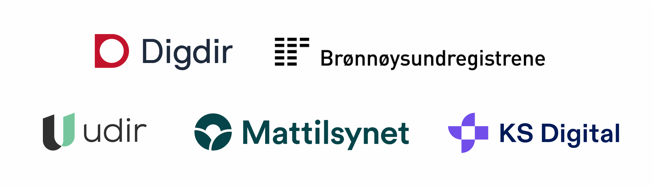 Logoene til Digdir, Brønnøysundregistrene, Udir, Mattilsynet og KS Digital